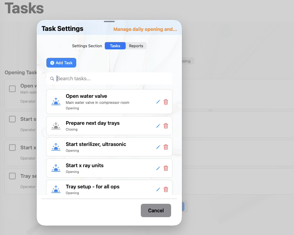 Tasks interface in Base Dental PMS