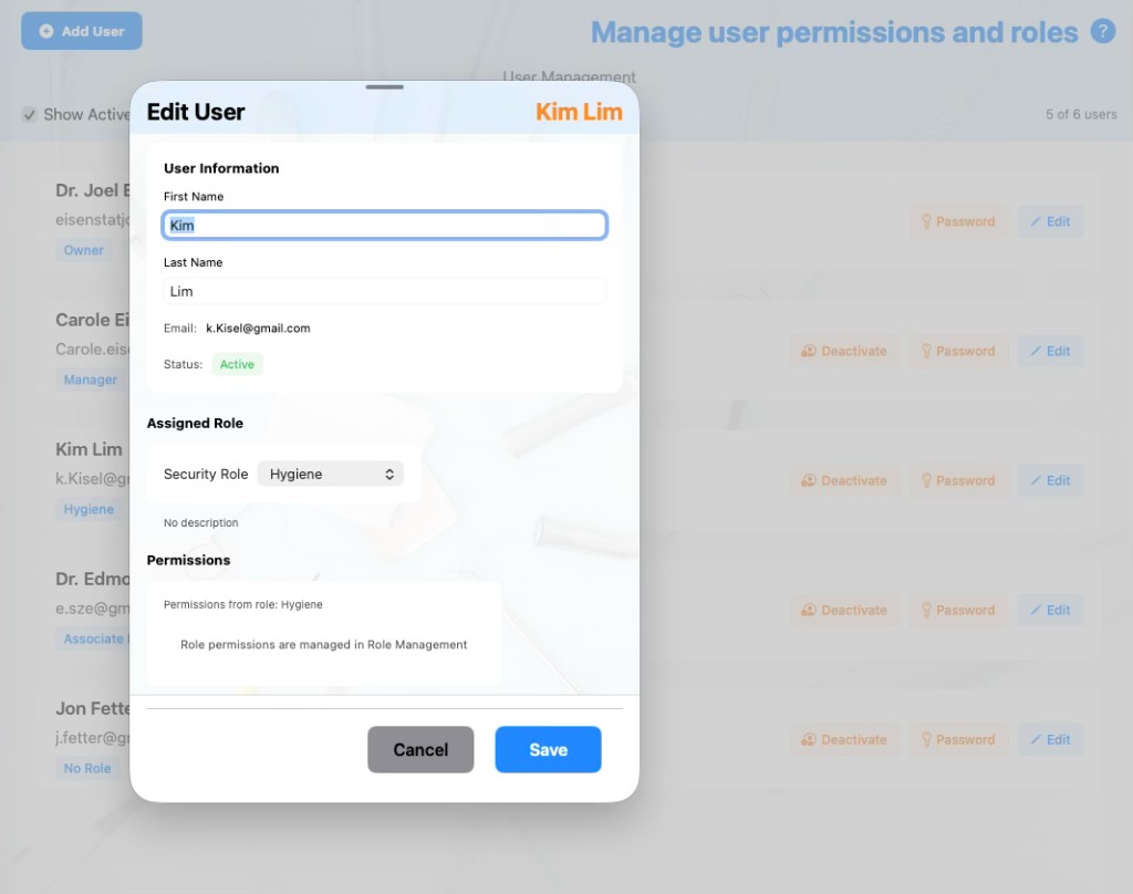 Users interface in Base Dental PMS