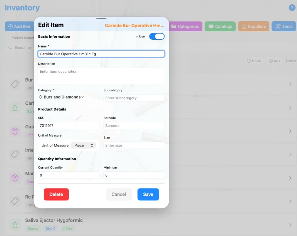 Inventory interface in Base Dental PMS