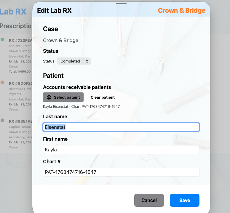 Lab RX interface in Base Dental PMS