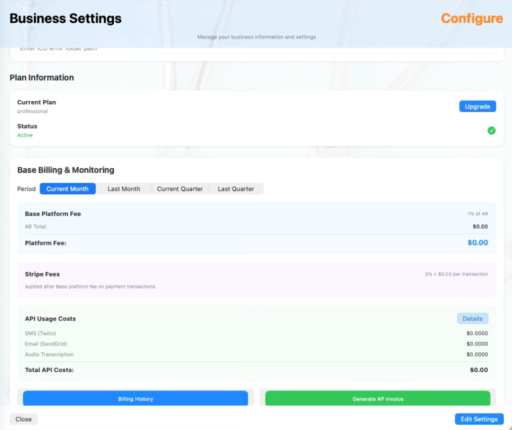 Settings interface in Base Dental PMS