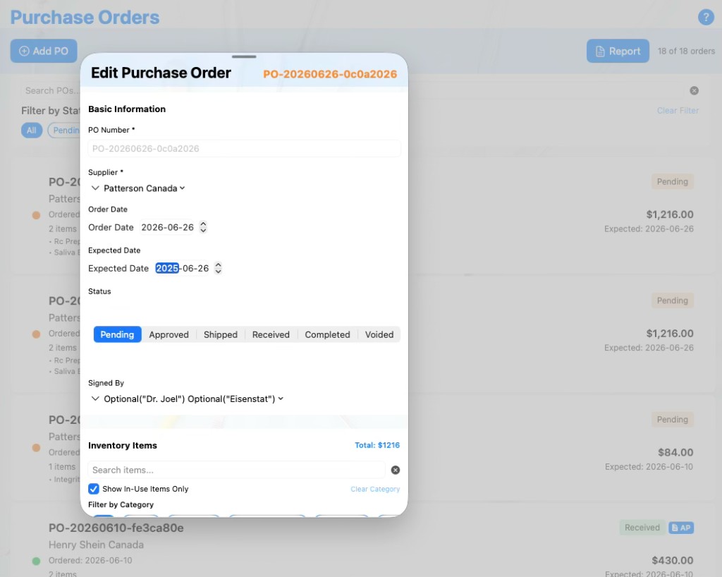 Purchase Orders interface in Base Dental PMS